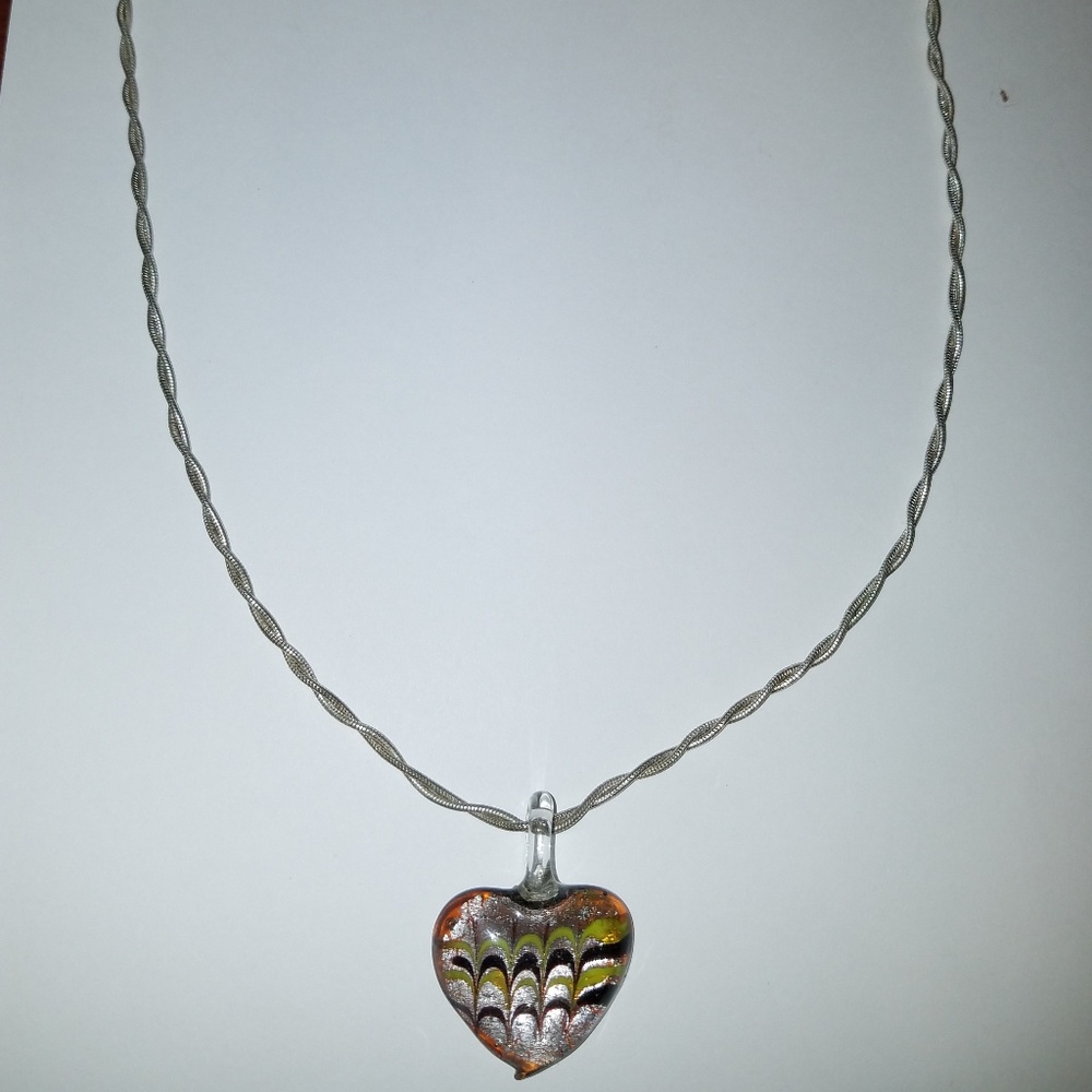 Silver tone necklace Murano art glass pendent